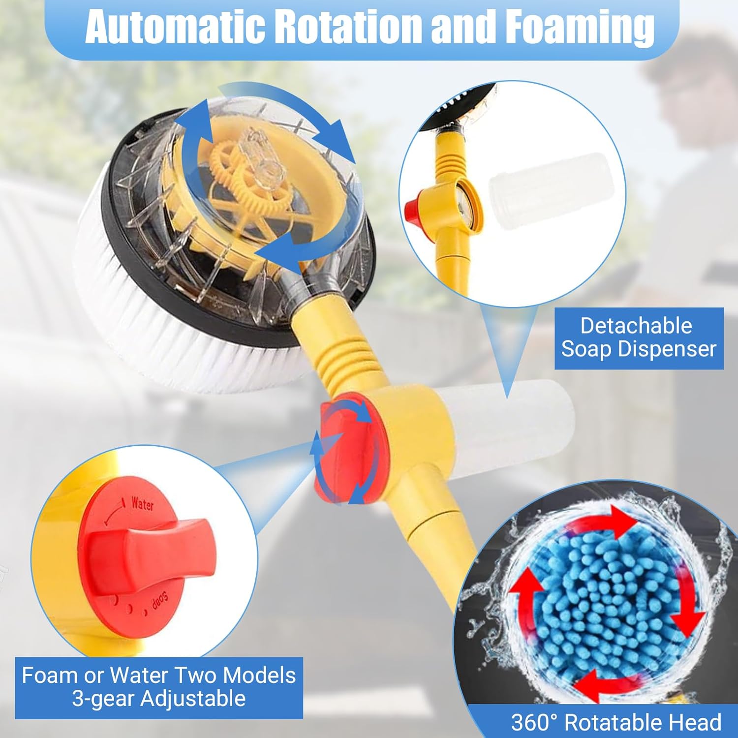 Rotating Car Wash Brush, Multifunctional Car Foam Cleaning Kit with 360°, Detachable & Extendable Scrub Brush, Long Handle Car Cleaning Kit for Home Car