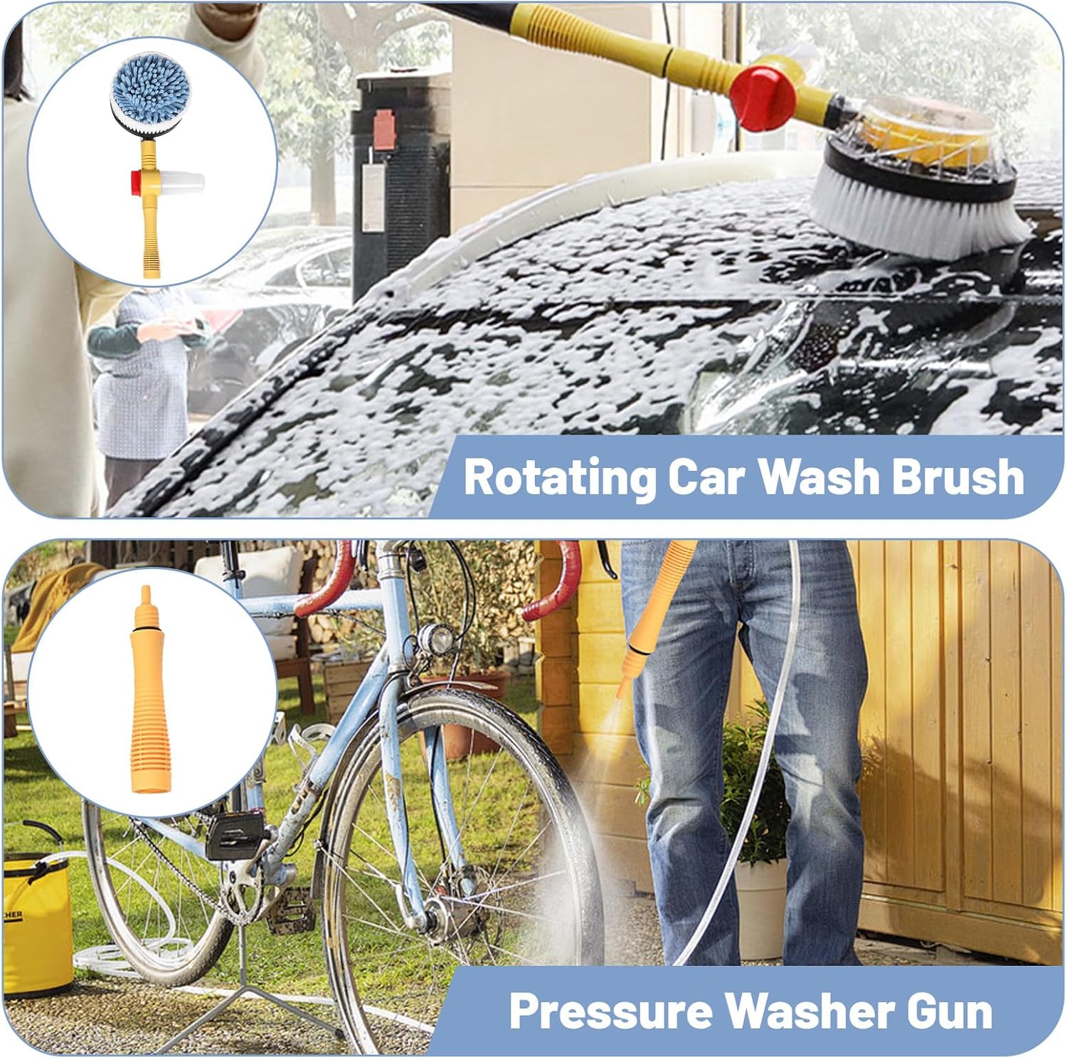 Rotating Car Wash Brush, Multifunctional Car Foam Cleaning Kit with 360°, Detachable & Extendable Scrub Brush, Long Handle Car Cleaning Kit for Home Car